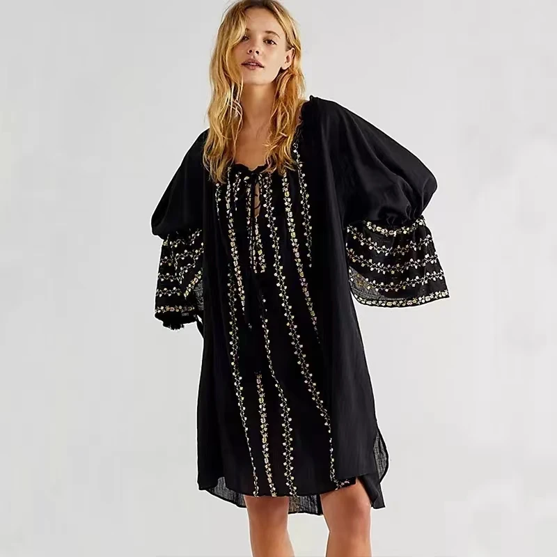 Luxury 2023 Black Cotton Floral Embroidery Dress Boho O Neck 3/4 Sleeve Spring Summer Women Dresses Above Knee Length Dress
Luxury 2023 Black Cotton Floral Embroidery Dress Boho O Neck 3/4 Sleeve Spring Summer Women Dresses Above Knee Length Dress