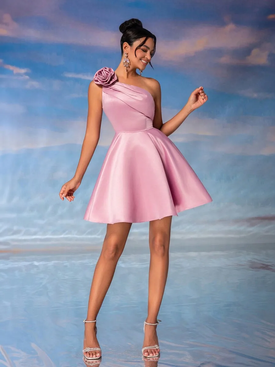 Pink One-Shoulder Satin Mini Dress With 3D Floral Detail A-Line Prom Evening Dress
Pink One-Shoulder Satin Mini Dress With 3D Floral Detail A-Line Prom Evening Dress