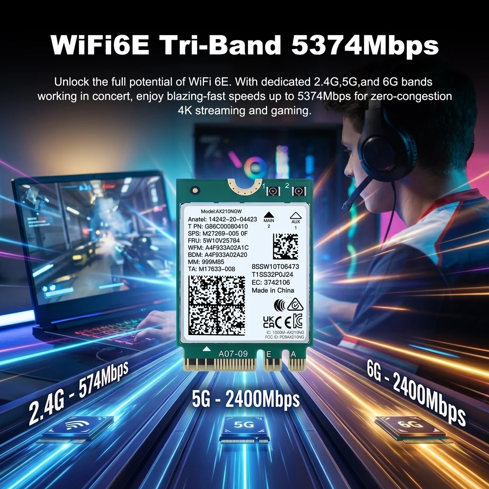 WiFi 6E AX210NGW Wireless Card Tri-Band 2.4G/5G/6GHz 5400Mbps Bluetooth 5.3 802.11ax for Desktop Laptop Windows 10/11
WiFi 6E AX210NGW Wireless Card Tri-Band 2.4G/5G/6GHz 5400Mbps Bluetooth 5.3 802.11ax for Desktop Laptop Windows 10/11