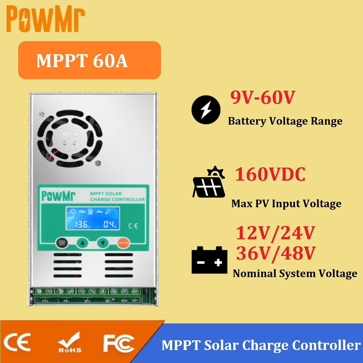 PowMr 60A MPPT Solar Charge Controller Max.PV 160V 2800W for 48V/36V/24V/12V Solar System with LCD Controller Panel Reguler
PowMr 60A MPPT Solar Charge Controller Max.PV 160V 2800W for 48V/36V/24V/12V Solar System with LCD Controller Panel Reguler