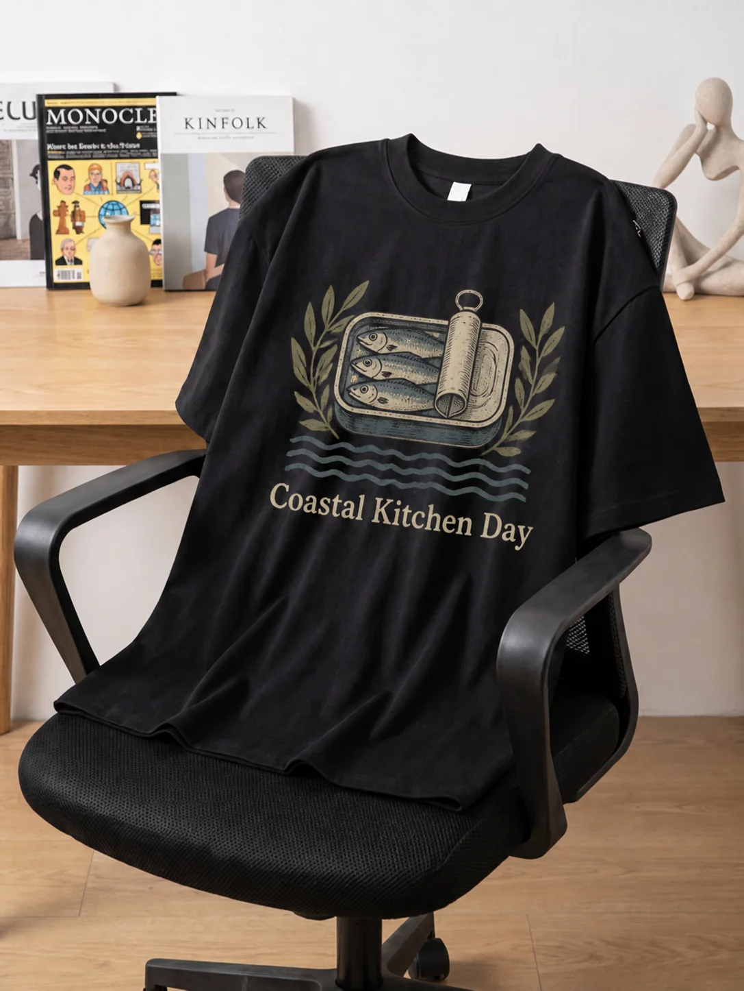 Vintage Sardine Can Graphic Tee with Coastal Kitchen Illustration, Retro Nautical Waves and Olive Branch Print, Soft Black
Vintage Sardine Can Graphic Tee with Coastal Kitchen Illustration, Retro Nautical Waves and Olive Branch Print, Soft Black