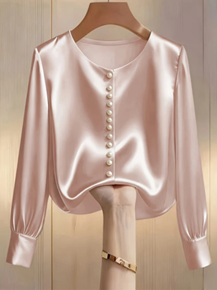 Women's Pink Silky Satin Blouse Elegant Round Neck Long Sleeves Pearl Buttons Business Casual Office Shirt All Season Daily Top
Women's Pink Silky Satin Blouse Elegant Round Neck Long Sleeves Pearl Buttons Business Casual Office Shirt All Season Daily Top