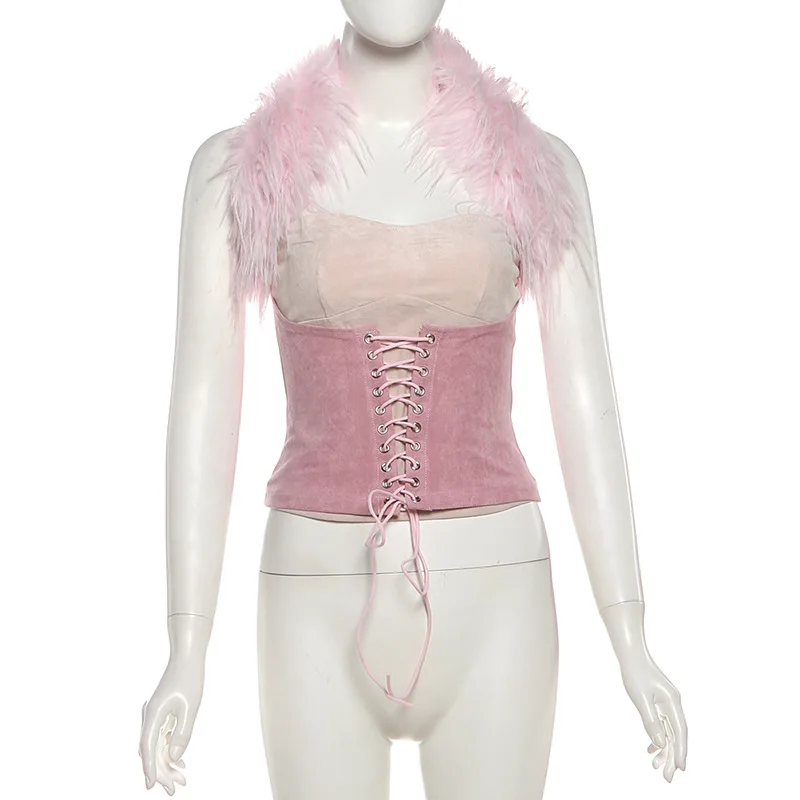 Suede Grommet Lace Up Slim Corset Tank Tops with Faux Fur Cape Women Fashion Sexy Strapless Backless Designer Vests Clubwear
Suede Grommet Lace Up Slim Corset Tank Tops with Faux Fur Cape Women Fashion Sexy Strapless Backless Designer Vests Clubwear