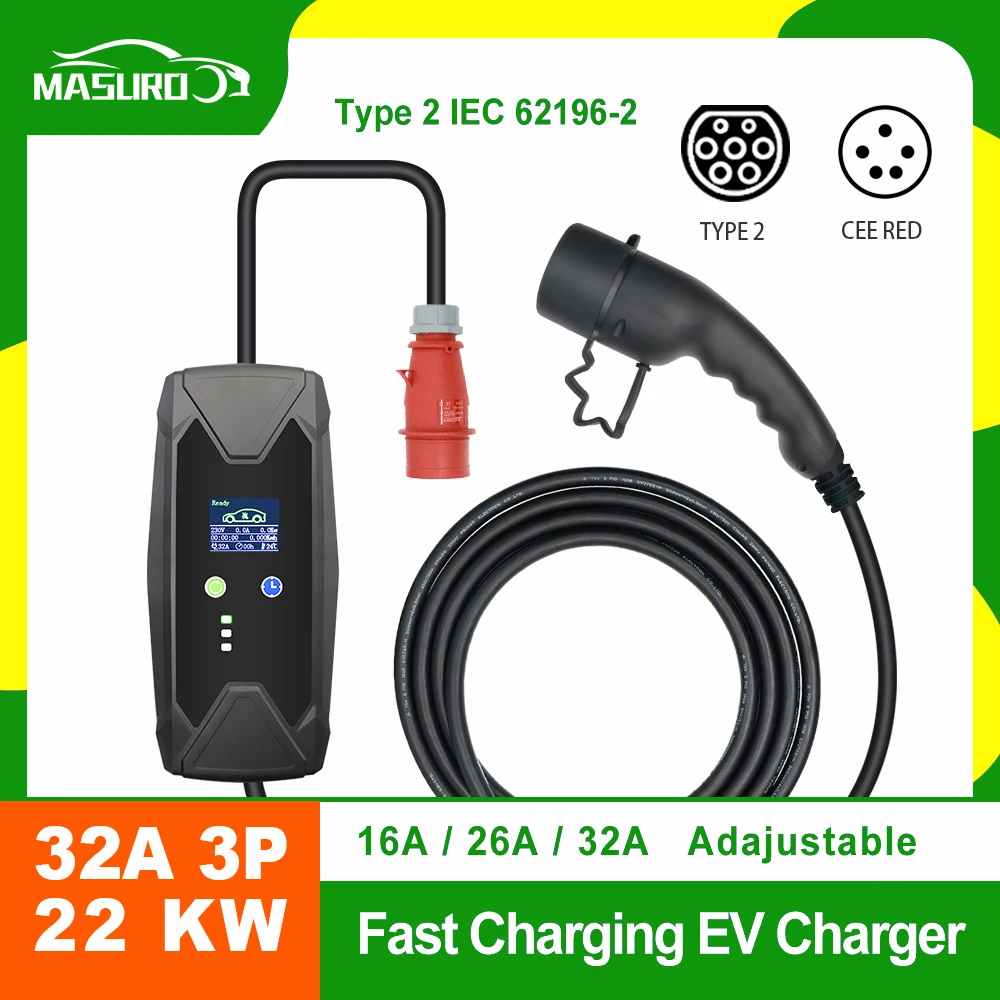 Home Fast Charger 32A 3 Phase 22KW Type 2 IEC62196 Portable EV Charger Adjustable Electric Vehicle Charging 5 Cable CEE Plug
Home Fast Charger 32A 3 Phase 22KW Type 2 IEC62196 Portable EV Charger Adjustable Electric Vehicle Charging 5 Cable CEE Plug