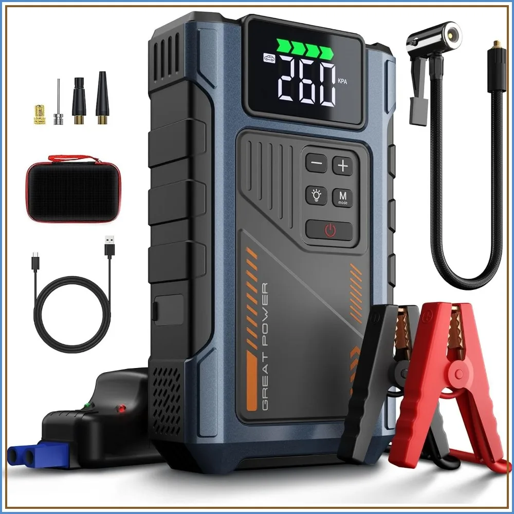 4500A Jump Starter with Air Compressor, 150PSI Tire Inflator, 12V Battery Booster for 8.5L Gas/7.0L Diesel
4500A Jump Starter with Air Compressor, 150PSI Tire Inflator, 12V Battery Booster for 8.5L Gas/7.0L Diesel