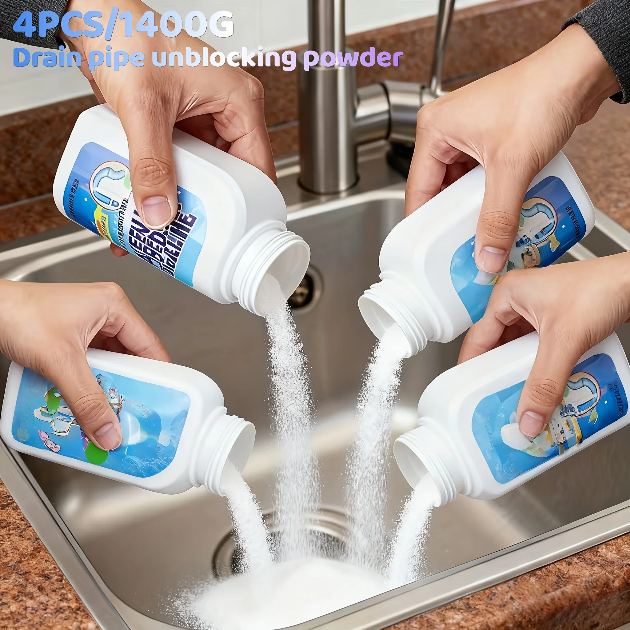 4pcs-1400g Drain Pipe Unblocking Powder - Suitable for Unclogging Kitchen And Bathroom Pipes, for Quick Repair And Maintenance.
4pcs-1400g Drain Pipe Unblocking Powder - Suitable for Unclogging Kitchen And Bathroom Pipes, for Quick Repair And Maintenance.