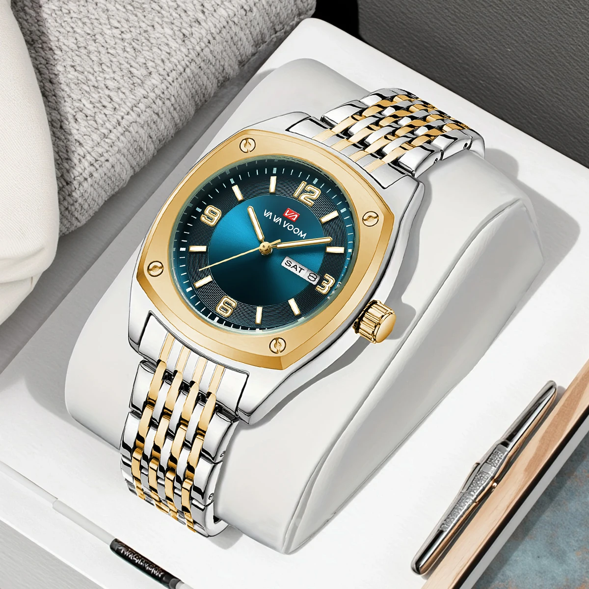 VA VA VOOM Роскошные часы Мужские модные ведро для вина Магазин синего золота с ремешком из нержавеющей стали 3 бара Водонепроницаемые кварцевые мужские часы
VA VA VOOM Роскошные часы Мужские модные ведро для вина Магазин синего золота с ремешком из нержавеющей стали 3 бара Водонепроницаемые кварцевые мужские часы