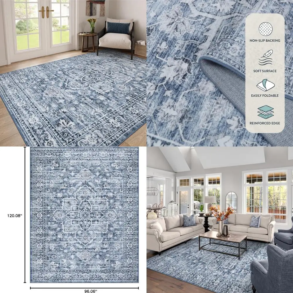 Large 8x10 Blue Boho Living Room Rug, Washable Ultra-Thin Carpet for Bedroom, Traditional Oriental Style 
Large 8x10 Blue Boho Living Room Rug, Washable Ultra-Thin Carpet for Bedroom, Traditional Oriental Style