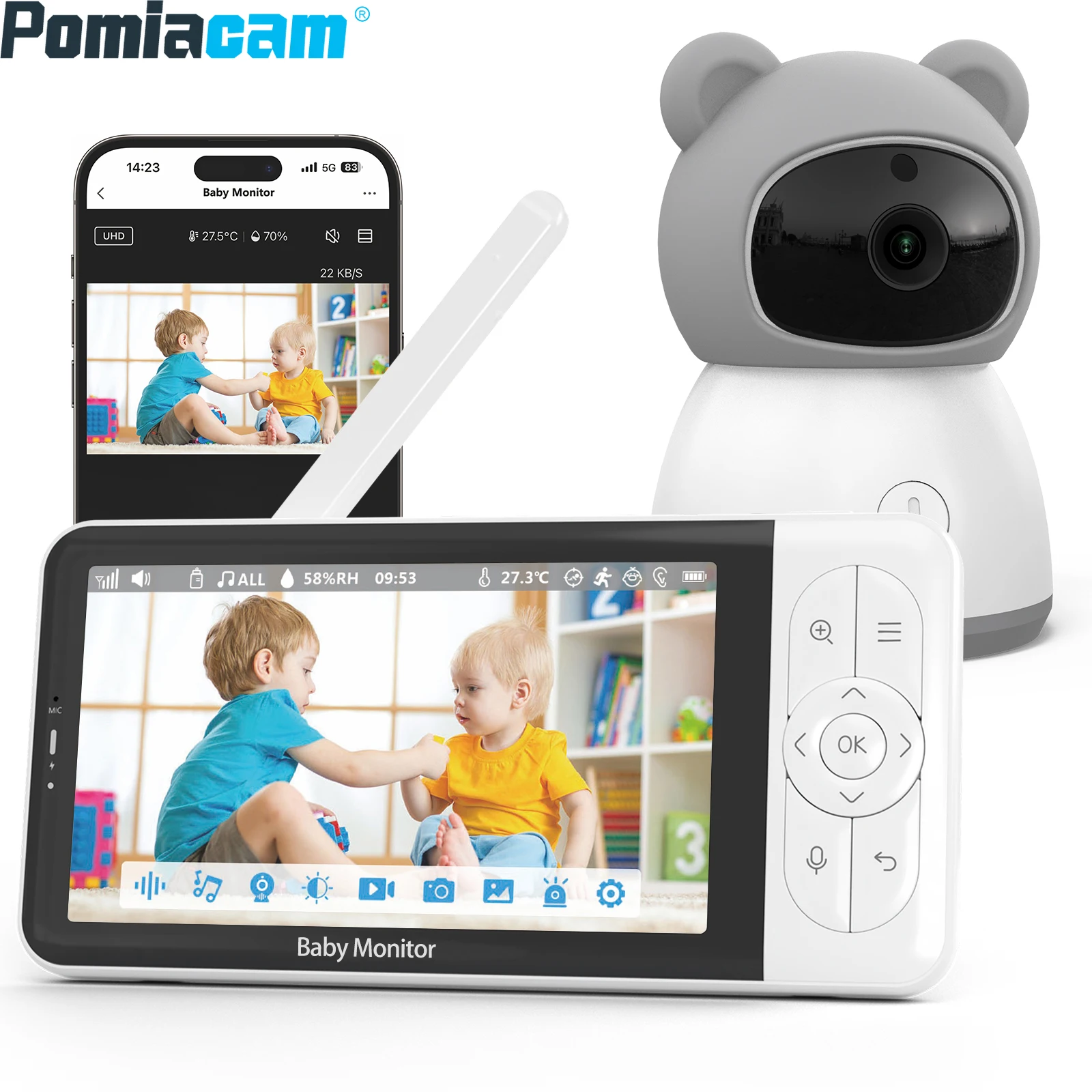 Smart Baby Monitor 5 Inch Screen 1080P Video APP Remote Control Two Way Audio Night Vision Wireless Camera 3000mAh 2X/4X Zoom