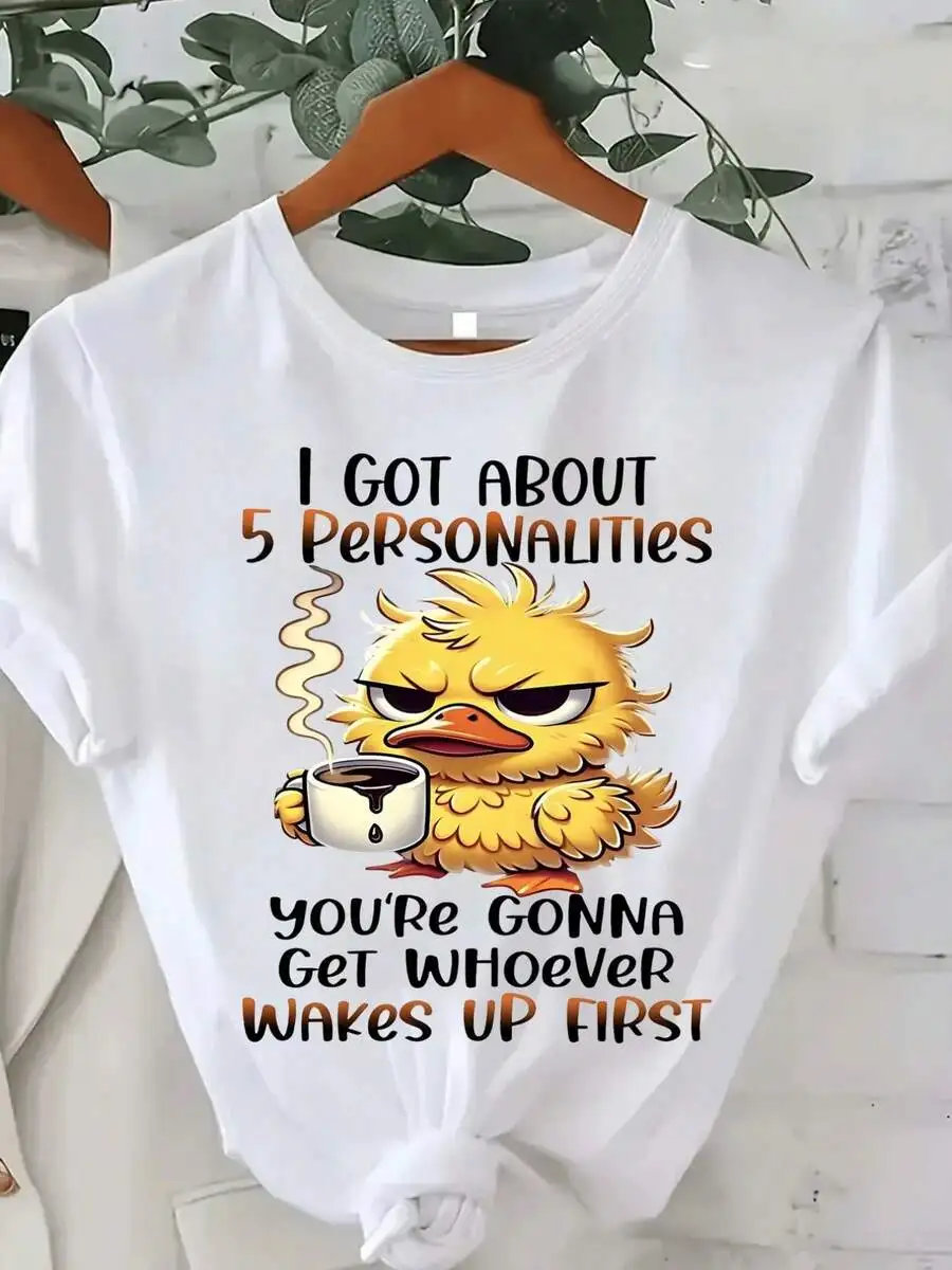 Womens Cotton T-Shirt With Angry Duck Coffee Print, Casual Round Neck Short Sleeve Tee
Womens Cotton T-Shirt With Angry Duck Coffee Print, Casual Round Neck Short Sleeve Tee