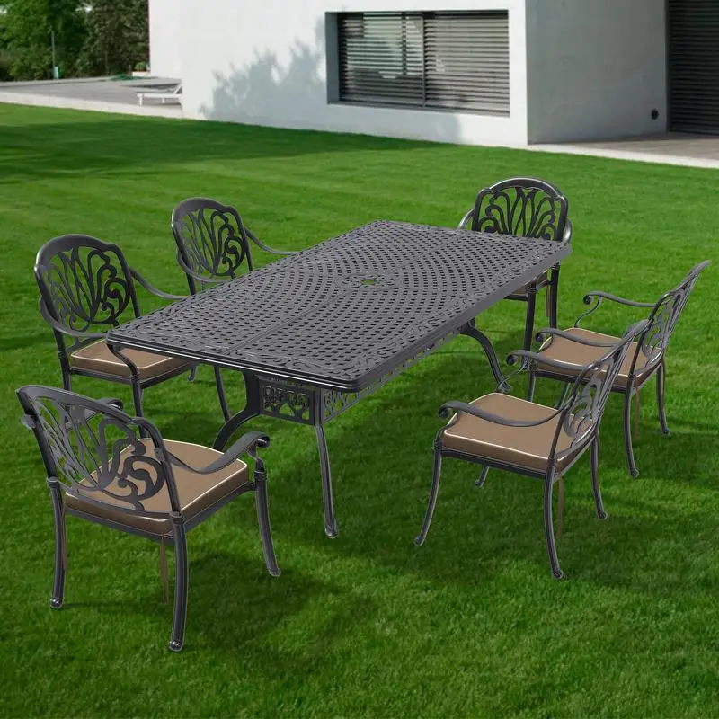 7-Piece Cast Aluminum Patio Furniture Set with Brown Cushions
7-Piece Cast Aluminum Patio Furniture Set with Brown Cushions
