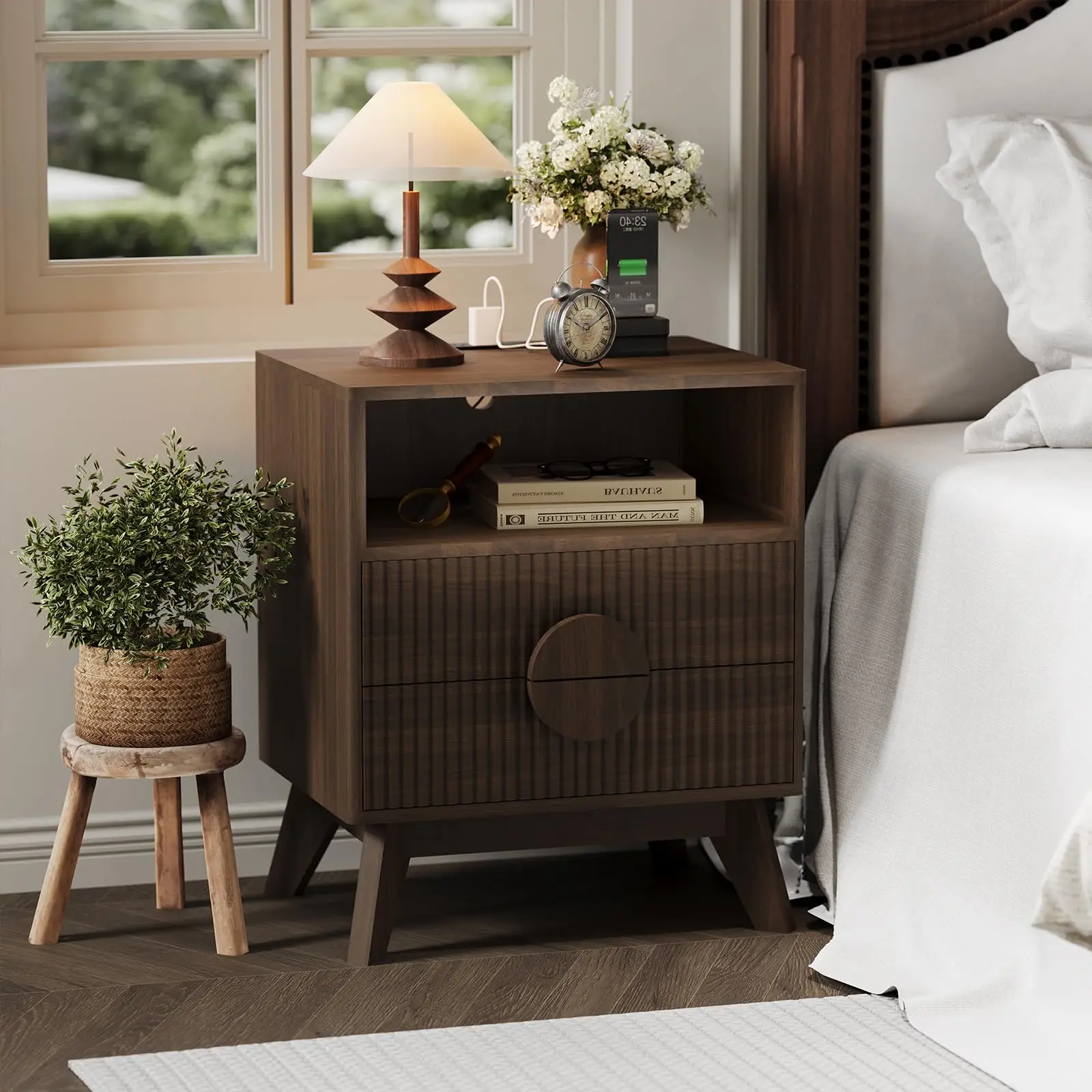Fluted Nightstand With Charging Station, 2 USB Ports & 2 Outlets, Tall Wood Bedside Table With 2 Drawers & Open Shelf For Home
Fluted Nightstand With Charging Station, 2 USB Ports & 2 Outlets, Tall Wood Bedside Table With 2 Drawers & Open Shelf For Home