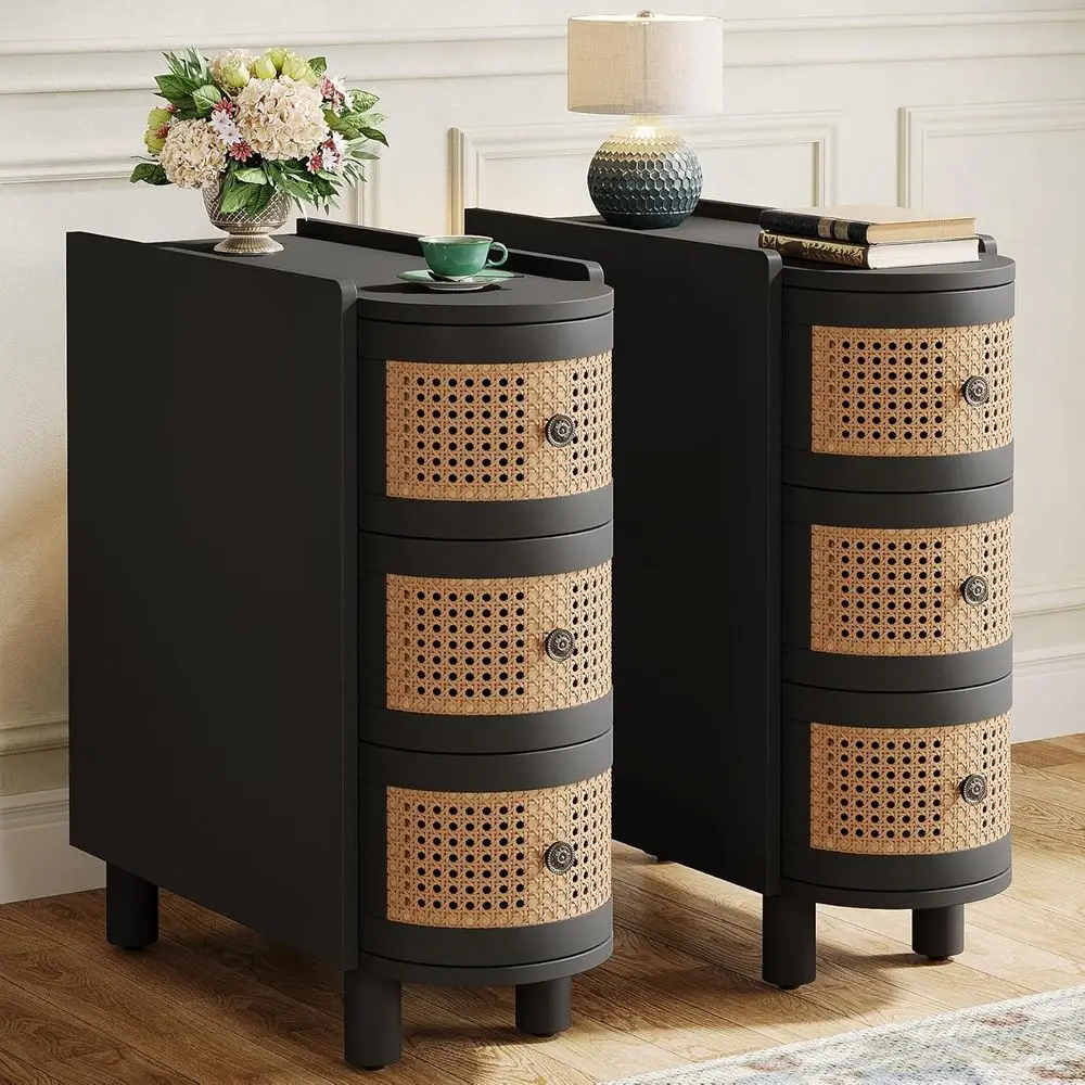 Black & Oak 2-Piece Solid Wood End Table Set with 3-Rattan Drawers and Elegant Handles for Living Room, Ready to Use
Black & Oak 2-Piece Solid Wood End Table Set with 3-Rattan Drawers and Elegant Handles for Living Room, Ready to Use