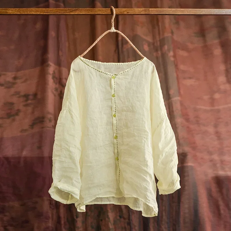 Women Chinese Style Ramie Summershirts O-Neck Long Sleeve Solid Color Button Tops 2025 New Loose Vintage Shirts
Women Chinese Style Ramie Summershirts O-Neck Long Sleeve Solid Color Button Tops 2025 New Loose Vintage Shirts