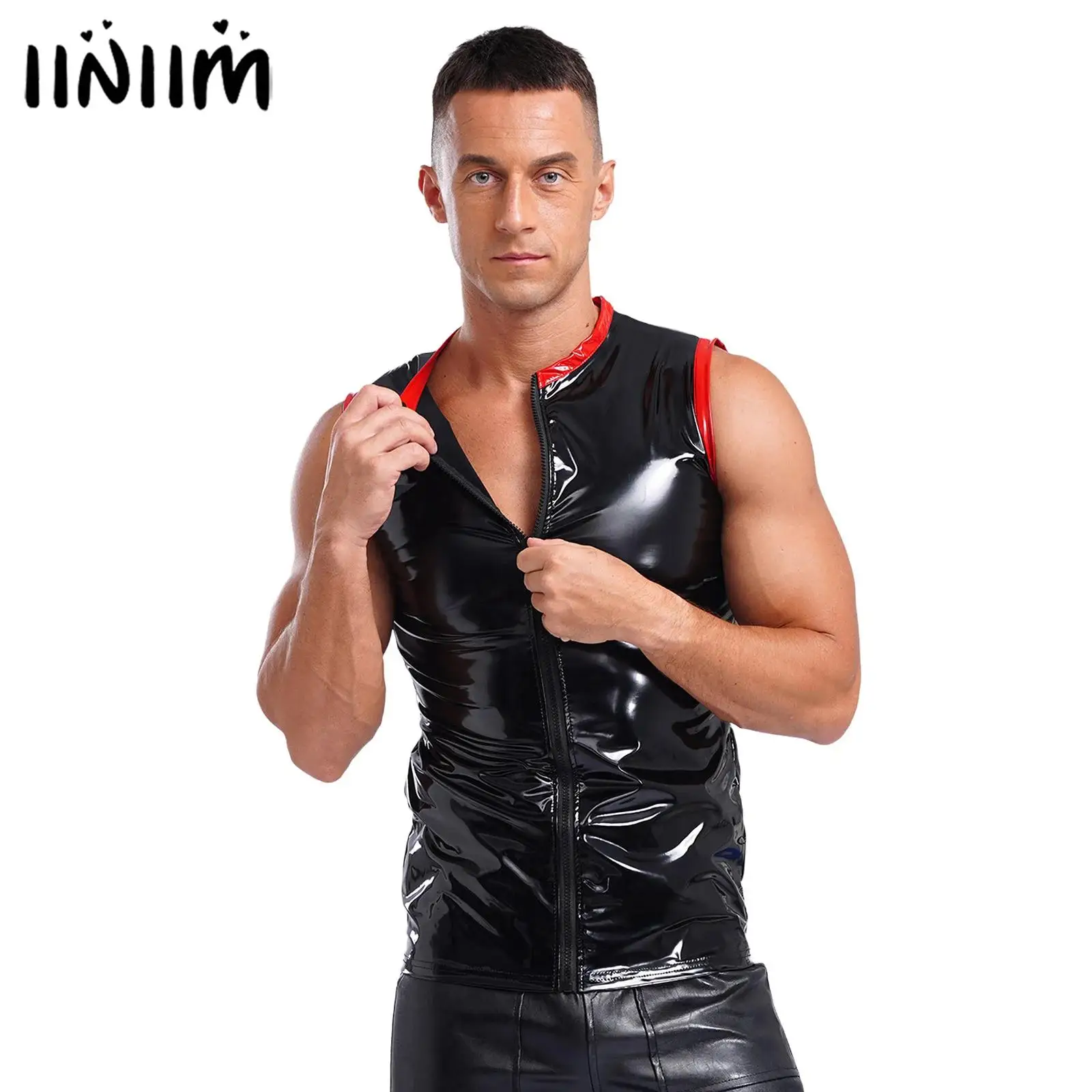 Mens Round Neck Glossy PU Leather Motor Tank Top Clubwear Sleeveless Front Zipper Contrast Tops Compression Jazz Pole Dance Vest
Mens Round Neck Glossy PU Leather Motor Tank Top Clubwear Sleeveless Front Zipper Contrast Tops Compression Jazz Pole Dance Vest