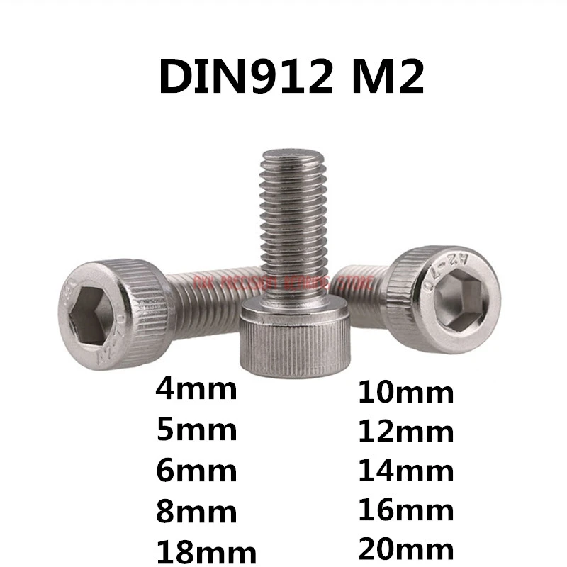 100pcs Metric Thread DIN912 M2 304 Stainless Steel Hex Socket Head Cap Screw Bolts M2*(4/5/6/8/10/12/14/16/18/20) mm
100pcs Metric Thread DIN912 M2 304 Stainless Steel Hex Socket Head Cap Screw Bolts M2*(4/5/6/8/10/12/14/16/18/20) mm