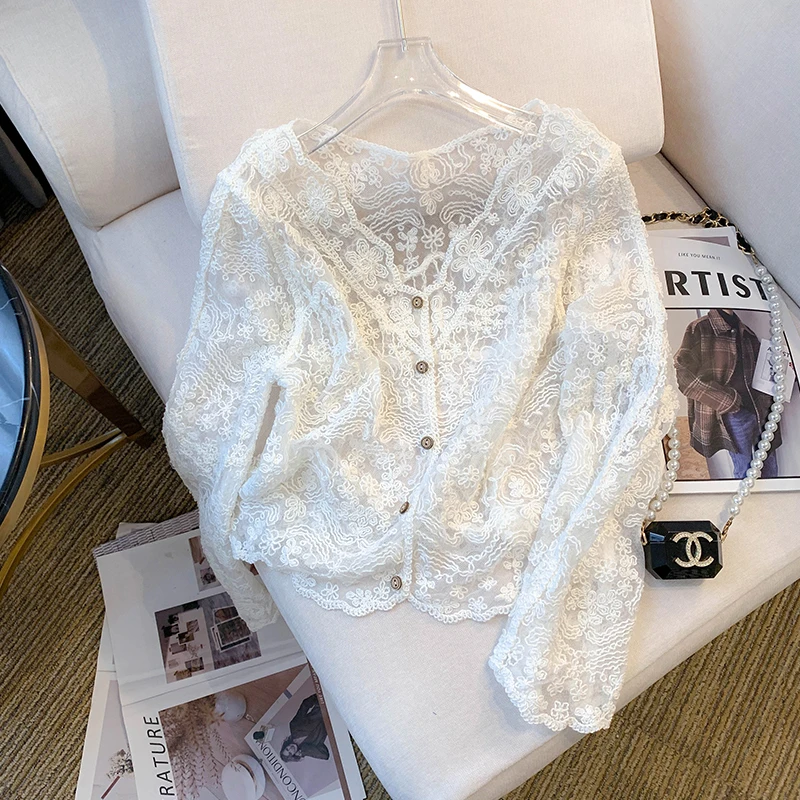 Elegant Hollow out Long Sleeve Lace Shirt Women's Spring Summer New Style Beautiful Unique Short Top Breathable Comfortable
Elegant Hollow out Long Sleeve Lace Shirt Women's Spring Summer New Style Beautiful Unique Short Top Breathable Comfortable