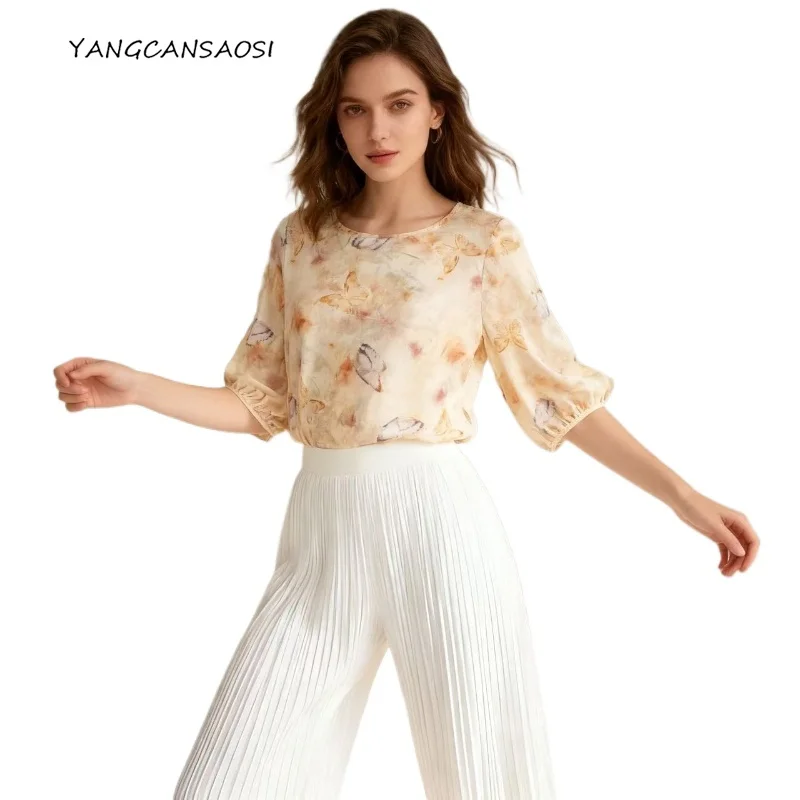 Charm Butterfly 19MM 100% Natural Mulberry Silk Jacquard Satin Lantern Sleeve Round Neck Loose Versatile Print T-shirt
Charm Butterfly 19MM 100% Natural Mulberry Silk Jacquard Satin Lantern Sleeve Round Neck Loose Versatile Print T-shirt