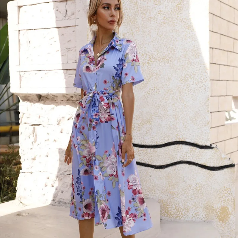 Women's New Summer Fashion Printed Single-breasted Waisted Short-sleeved Mid-length Dress Casual Commuting Beach Dresses
Women's New Summer Fashion Printed Single-breasted Waisted Short-sleeved Mid-length Dress Casual Commuting Beach Dresses