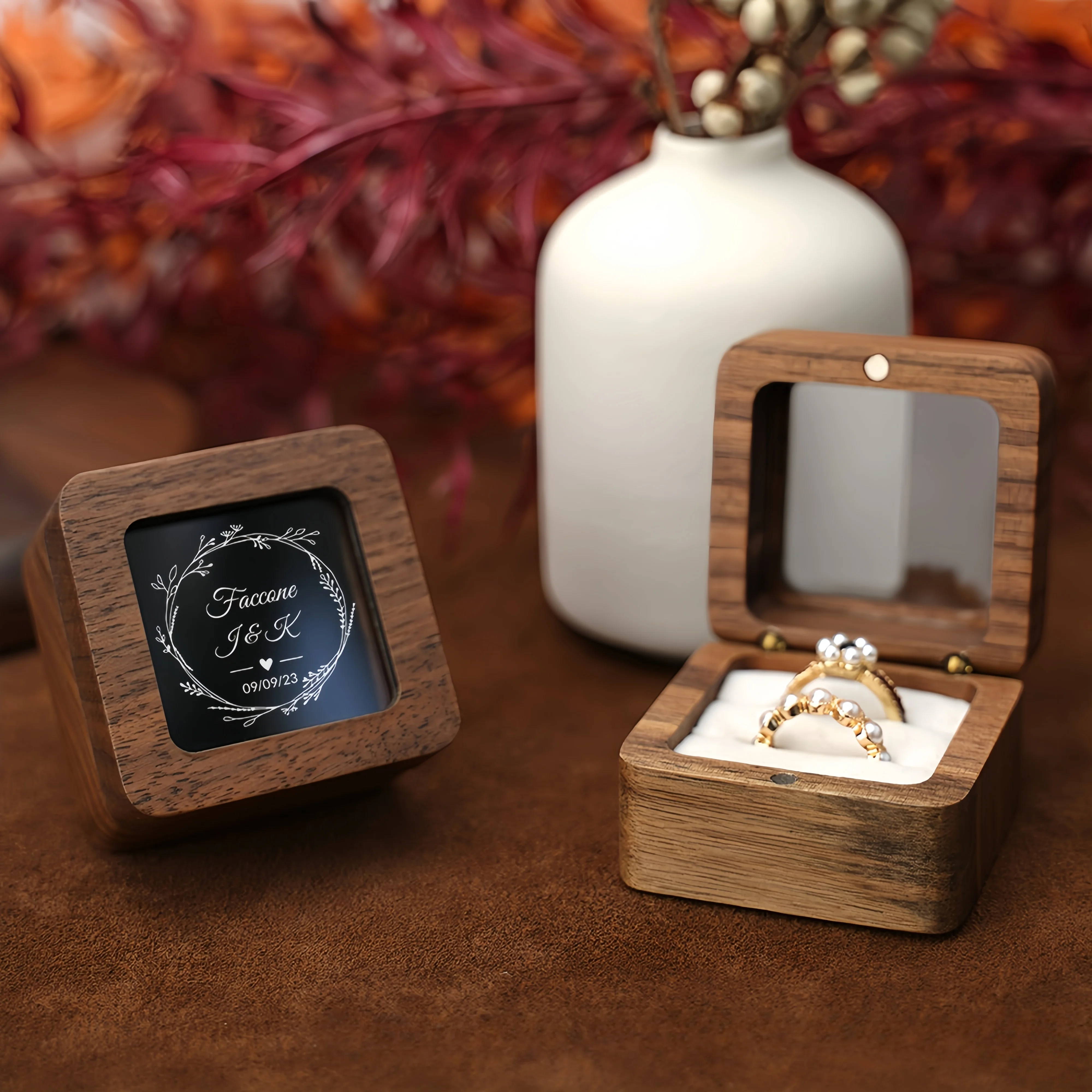 Personalized Walnut Wood Ring Box with Window Recto Engagement Ring Holder Square Jewelry Case for Wedding Propose Anniversary
Personalized Walnut Wood Ring Box with Window Recto Engagement Ring Holder Square Jewelry Case for Wedding Propose Anniversary