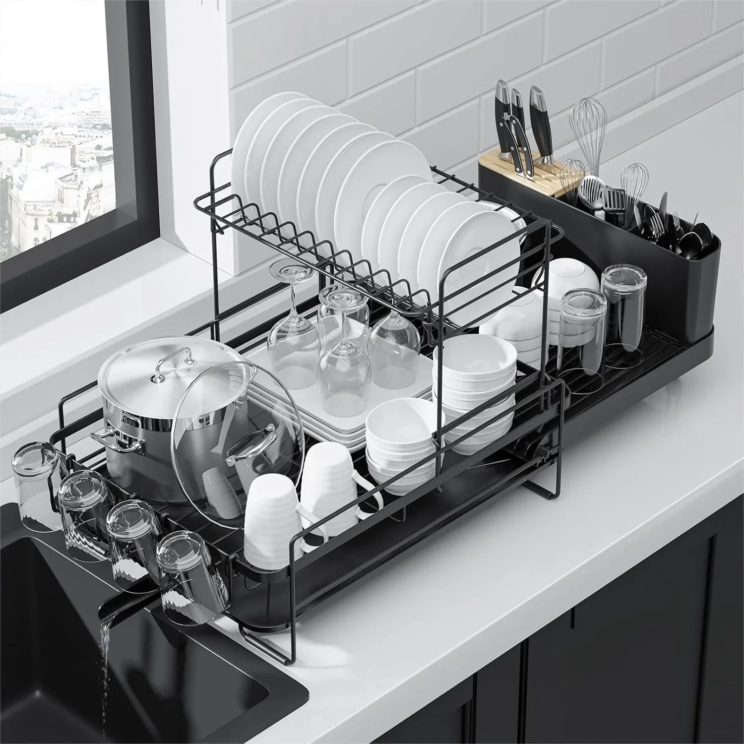 Extendable Dish Drying Rack for Kitchen Counter, Anti-Rust Dish Drainer with Cutlery & Cup Holders, 19.2"-26.7" L x 12.9" W x
Extendable Dish Drying Rack for Kitchen Counter, Anti-Rust Dish Drainer with Cutlery & Cup Holders, 19.2"-26.7" L x 12.9" W x