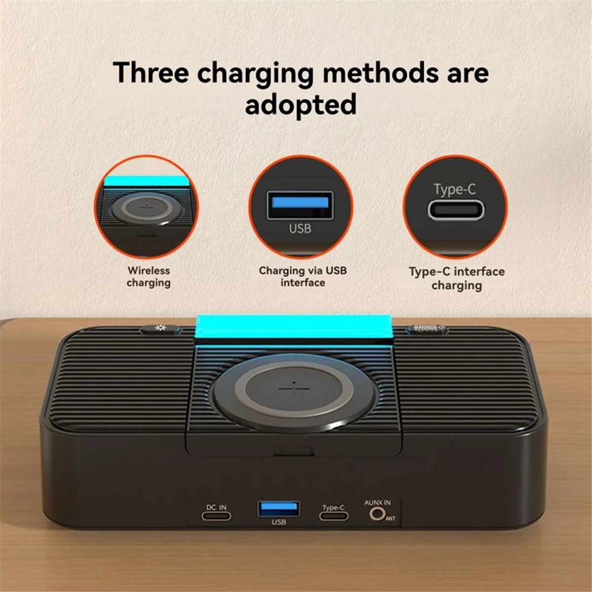 Wireless Charging Station with Bluetooth Speaker, Alarm Clock, FM Radio, Night Light, Phone Holder, Adjustable Display
Wireless Charging Station with Bluetooth Speaker, Alarm Clock, FM Radio, Night Light, Phone Holder, Adjustable Display