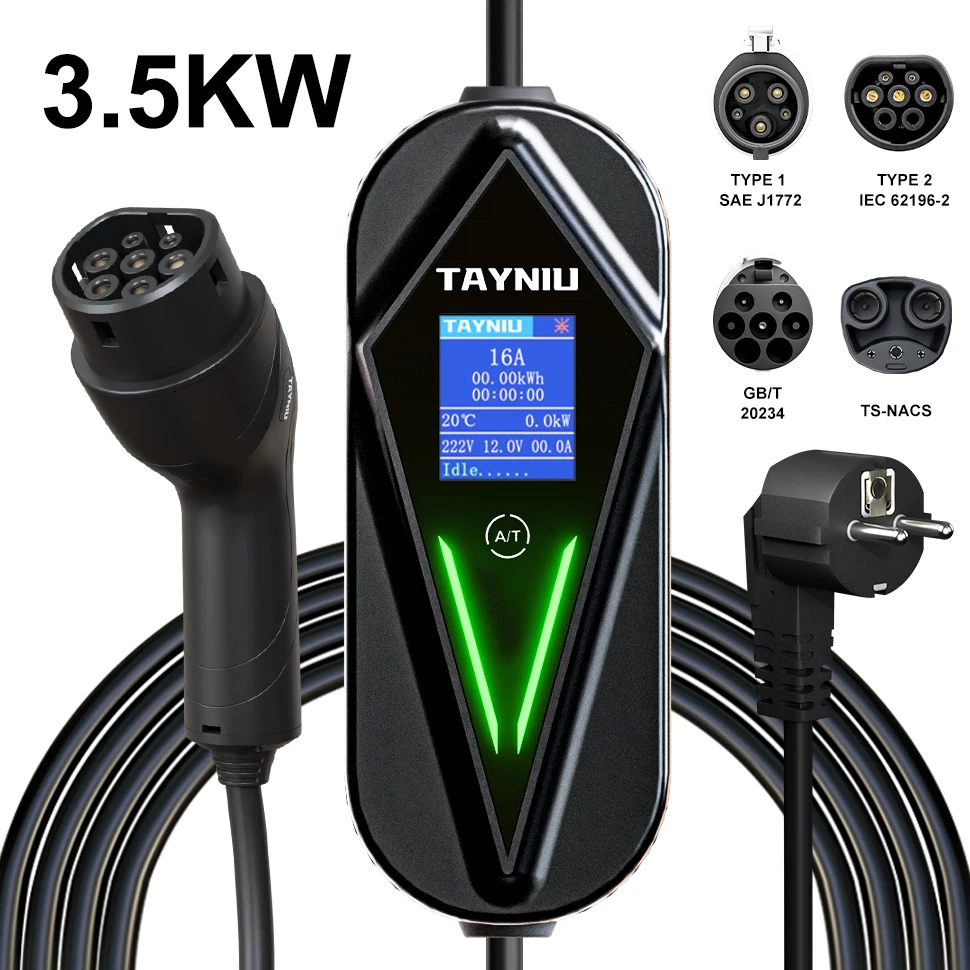 TAYNIU EV Charger 16A 3.5KW Type 2 Type 1 GB/T TS-NACS Charger 1.8'' Screen Portable Charger EVSE for Tesla Cars and other EVs
TAYNIU EV Charger 16A 3.5KW Type 2 Type 1 GB/T TS-NACS Charger 1.8'' Screen Portable Charger EVSE for Tesla Cars and other EVs
