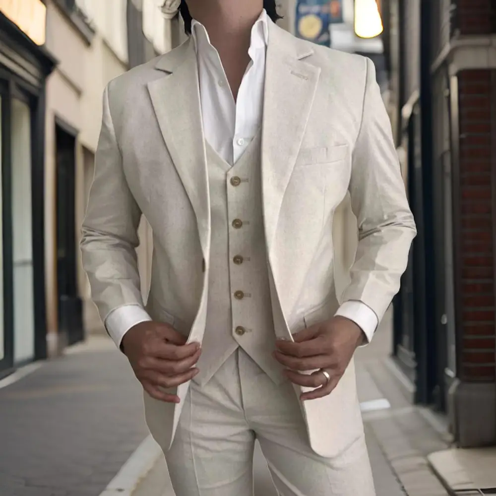 3 Pieces Linen Men Suits for Beach Party Slim Fit Beige Wedding Tuxedo for Groom Prom Male Fashion Suit Blazer with Vest Pants
3 Pieces Linen Men Suits for Beach Party Slim Fit Beige Wedding Tuxedo for Groom Prom Male Fashion Suit Blazer with Vest Pants