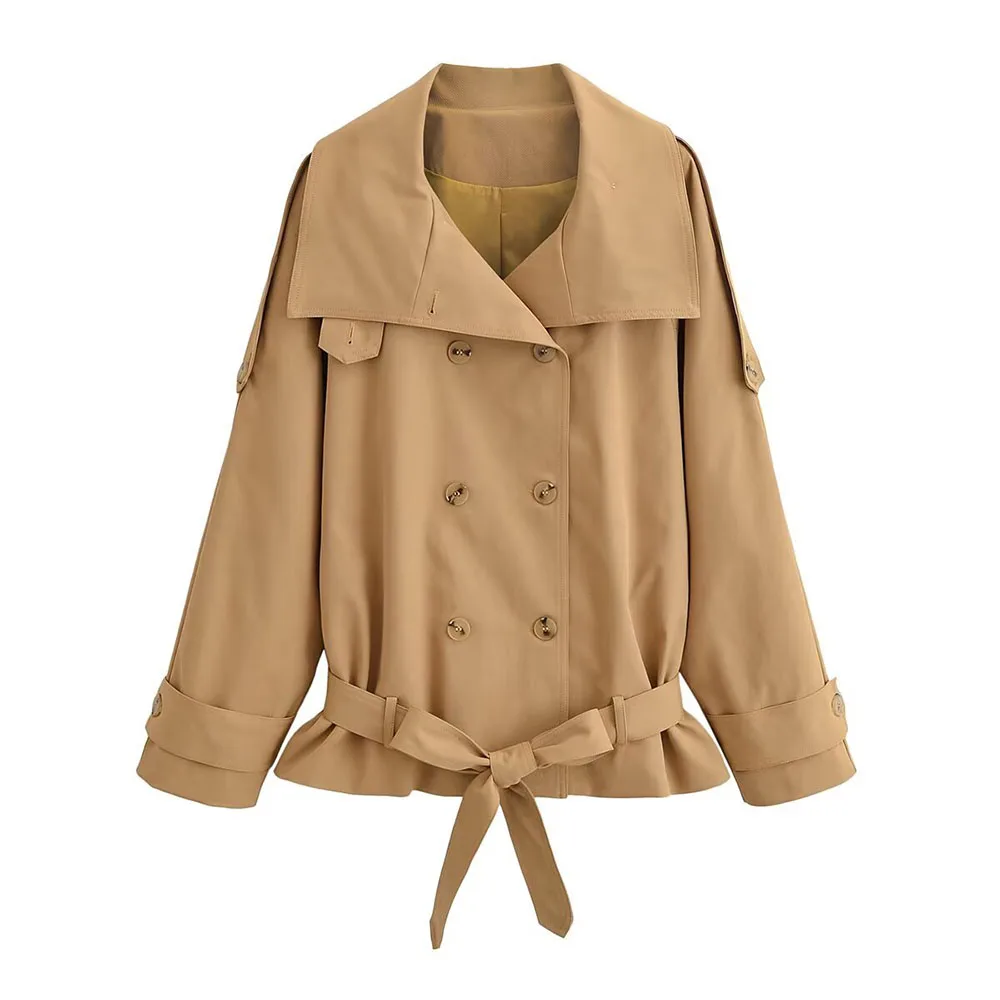 Hot Selling Khaki Lapel Trench Coat For Women Classic Waist Tie Design Double Breasted Short Style Casual Daily Outerwear
Hot Selling Khaki Lapel Trench Coat For Women Classic Waist Tie Design Double Breasted Short Style Casual Daily Outerwear