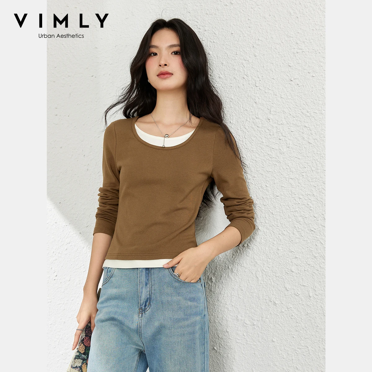 VIMLY Коричневые женские футболки с длинными рукавами, осень 2025 г., женские повседневные лоскутные трикотажные женские топы с круглым вырезом 2 в 1, Ropa Mujer A2025
VIMLY Коричневые женские футболки с длинными рукавами, осень 2025 г., женские повседневные лоскутные трикотажные женские топы с круглым вырезом 2 в 1, Ropa Mujer A2025