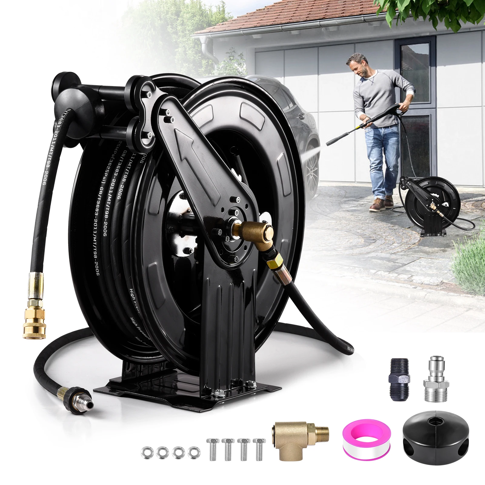15m long hose, Pressure Washer Hose Reels | 4000 PSI Double Arm Steel Heavy Duty Garden Hose Reel | Auto Rewind, Wall Ceiling Floor Mount, for Cleaning Yard,1.5m short hose
15m long hose, Pressure Washer Hose Reels | 4000 PSI Double Arm Steel Heavy Duty Garden Hose Reel | Auto Rewind, Wall Ceiling Floor Mount, for Cleaning Yard,1.5m short hose
