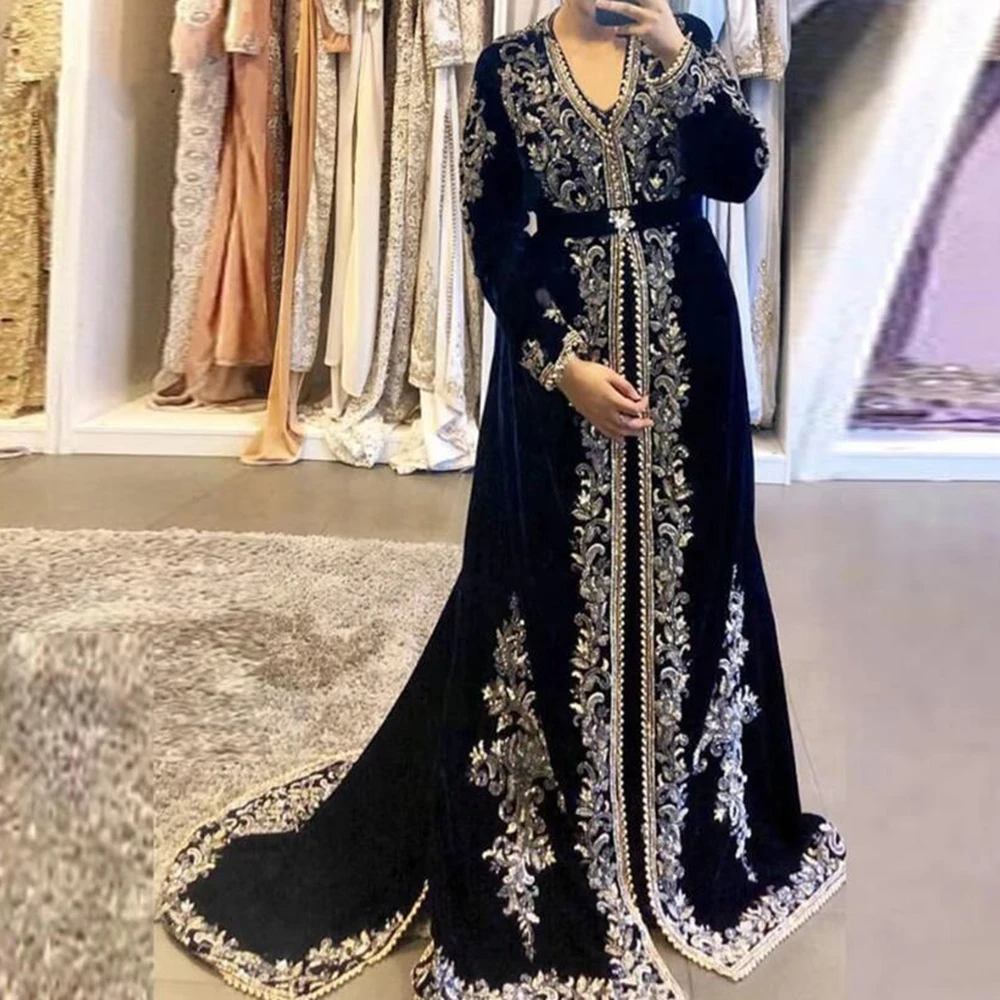 Navy Blue Evening Dresses Floor Length A-line Full Sleeves Appliques V-neck Short Split High-end Women Banquet Prom Gowns
Navy Blue Evening Dresses Floor Length A-line Full Sleeves Appliques V-neck Short Split High-end Women Banquet Prom Gowns