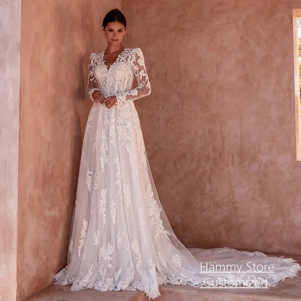 Luxury Wedding Dress for Woman Customized V Neck Long Sleeves Sequined Applique Court Train A Line Bridal Gown Robe Mariage
Luxury Wedding Dress for Woman Customized V Neck Long Sleeves Sequined Applique Court Train A Line Bridal Gown Robe Mariage