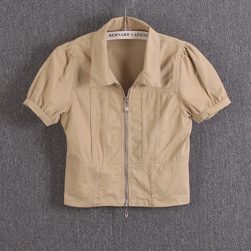 Spring Summer New Apricot Slim Thin Short Cowboy Coat Women Lapel Zipper Short Sleeve Jeans Jacket Coat Female Chaqueta Mujer
Spring Summer New Apricot Slim Thin Short Cowboy Coat Women Lapel Zipper Short Sleeve Jeans Jacket Coat Female Chaqueta Mujer