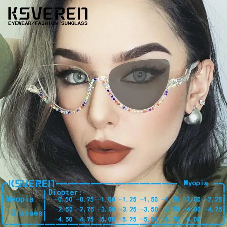 Half Frame Cat Eye Photochromic Myopia Glasses Women Diamond Studded Designer Optical Glasses Color Change Outdoor Sunglasses
Half Frame Cat Eye Photochromic Myopia Glasses Women Diamond Studded Designer Optical Glasses Color Change Outdoor Sunglasses