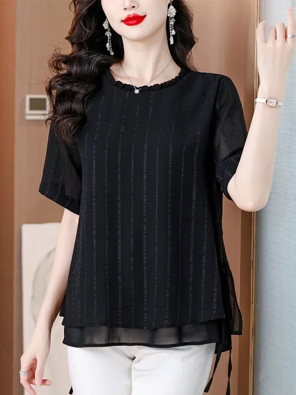 Fashionable High-End Black Short-Sleeve Women's Chiffon Top Loose Slimming Belly Covering Summer New Style Mom's Trendy Top
Fashionable High-End Black Short-Sleeve Women's Chiffon Top Loose Slimming Belly Covering Summer New Style Mom's Trendy Top