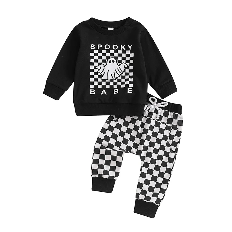 Baby Boys Pants Set Long Sleeve Crew Neck Ghost Print Sweatshirt with Plaid Sweatpants Halloween Clothes
Baby Boys Pants Set Long Sleeve Crew Neck Ghost Print Sweatshirt with Plaid Sweatpants Halloween Clothes