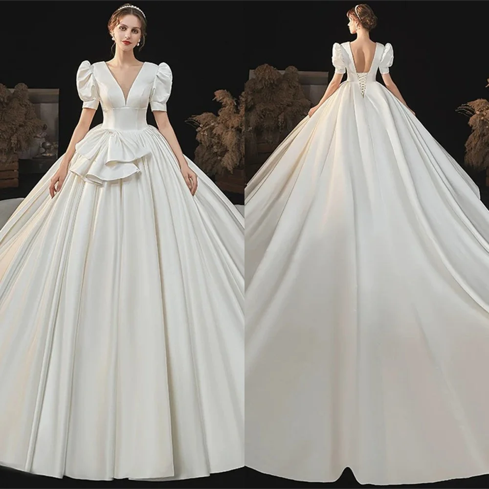 Customized Delicate White Satin Evening Dress Classic V-Neck Puff Sleeves Short Sleeves Lace Up Back Special Occasion Gowns
Customized Delicate White Satin Evening Dress Classic V-Neck Puff Sleeves Short Sleeves Lace Up Back Special Occasion Gowns