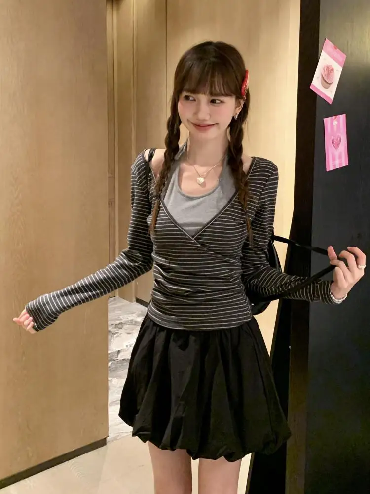 Осенняя серая полосатая лоскутная футболка с длинным рукавом, сексуальная короткая футболка с открытыми плечами, женские элегантные праздничные топы с лямкой на шее, популярные
Осенняя серая полосатая лоскутная футболка с длинным рукавом, сексуальная короткая футболка с открытыми плечами, женские элегантные праздничные топы с лямкой на шее, популярные