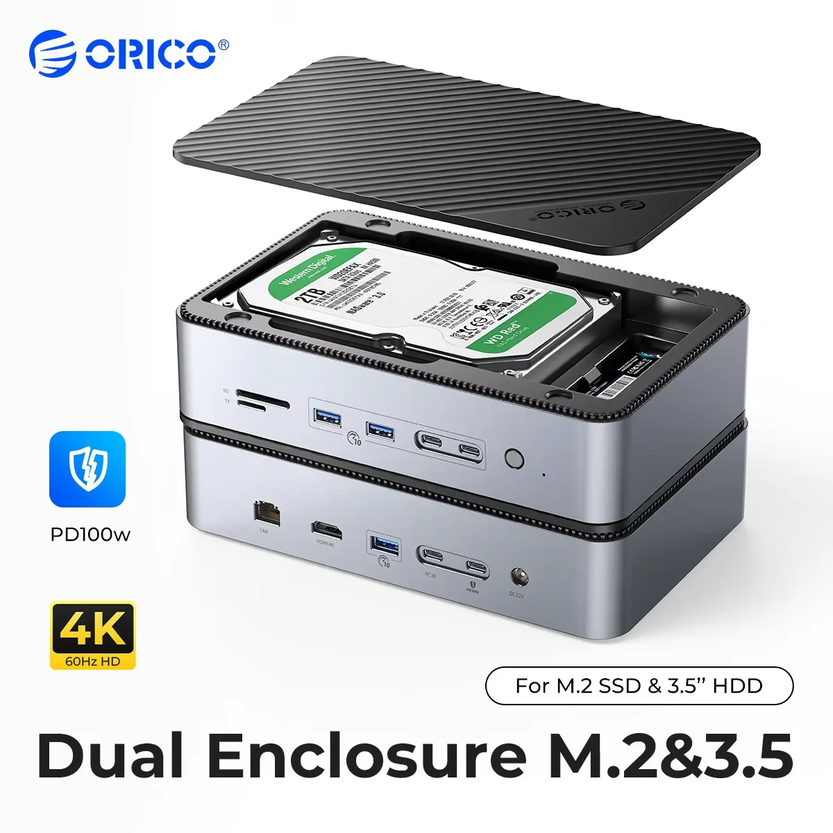 ORICO Dual M.2 NVME SSD and 3.5 Hard Drive Enclosure Docking Station Deck 10 in 1 HDMI-Compatible 4K60Hz PD100W SD TF for Editor
ORICO Dual M.2 NVME SSD and 3.5 Hard Drive Enclosure Docking Station Deck 10 in 1 HDMI-Compatible 4K60Hz PD100W SD TF for Editor