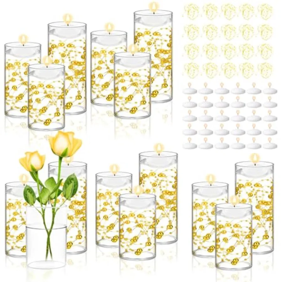 15 Set Glass Cylinder Vase with 20 Artificial Pearl String 30 White Floating Candle Cylinder Vase for Centerpieces 4"+ 6" + 8"
15 Set Glass Cylinder Vase with 20 Artificial Pearl String 30 White Floating Candle Cylinder Vase for Centerpieces 4"+ 6" + 8"