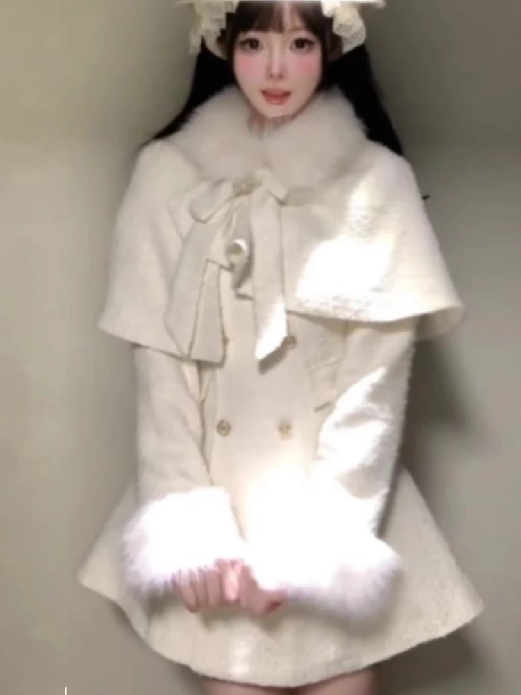 Autumn Winter White Dress for Women Y2k Slim Waist Long Sleeve Dresses+ Bow Fur Collar Cloak Coat Women 2025 New Two Piece Sets 
Autumn Winter White Dress for Women Y2k Slim Waist Long Sleeve Dresses+ Bow Fur Collar Cloak Coat Women 2025 New Two Piece Sets