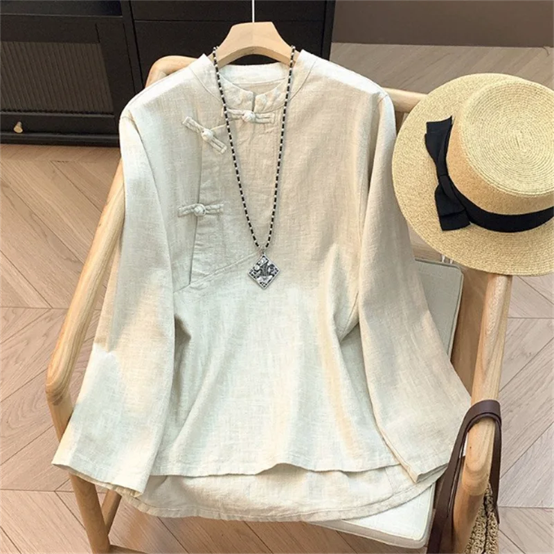 Рубашка с воротником-стойкой для женщин, китайская блузка с V-образным вырезом на пуговицах из хлопка и льна, ретро-топ с косым воротником и длинными рукавами, свободная рубашка
Рубашка с воротником-стойкой для женщин, китайская блузка с V-образным вырезом на пуговицах из хлопка и льна, ретро-топ с косым воротником и длинными рукавами, свободная рубашка