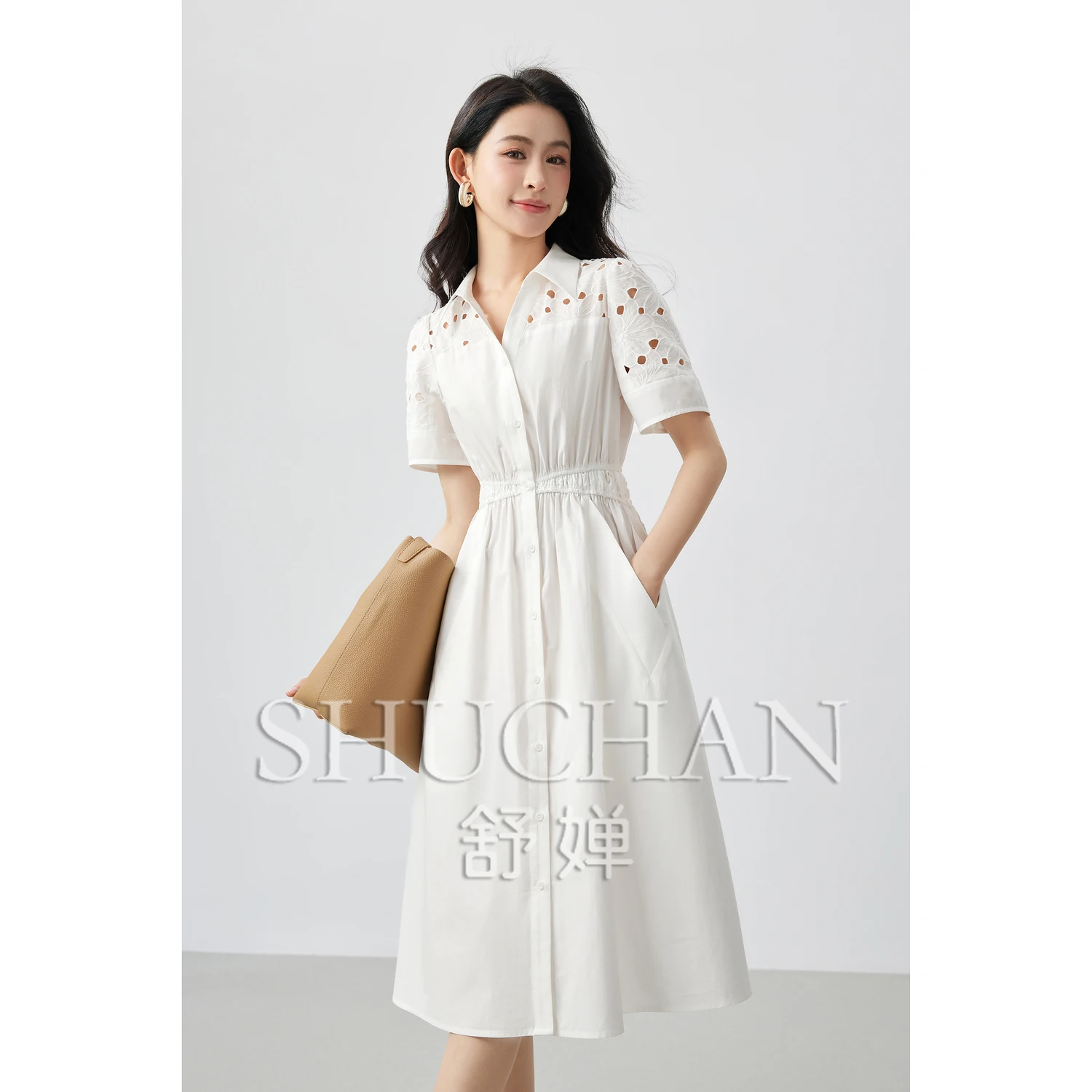 Pure Cotton Lapel Waist Hollow Embroidery Temperament Simple Dress Women's Summer Dresses Vestido Feminino
Pure Cotton Lapel Waist Hollow Embroidery Temperament Simple Dress Women's Summer Dresses Vestido Feminino