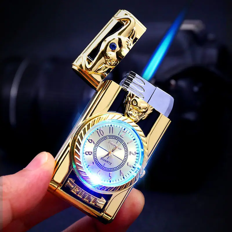 Metal Gold Watch Jet Lighter Portable Gas Butane Lighter Refill LED Dial Lighter Exquisite Relief Craft Business Gift Men Gift
Metal Gold Watch Jet Lighter Portable Gas Butane Lighter Refill LED Dial Lighter Exquisite Relief Craft Business Gift Men Gift