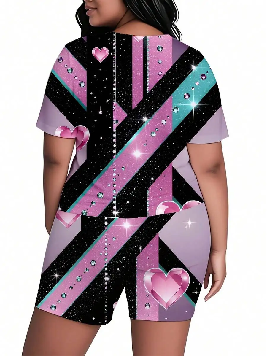 Women Short Sleeve Shorts Set Pink Black Teal Geometric Heart Print Sparkle Full Print Casual
Women Short Sleeve Shorts Set Pink Black Teal Geometric Heart Print Sparkle Full Print Casual