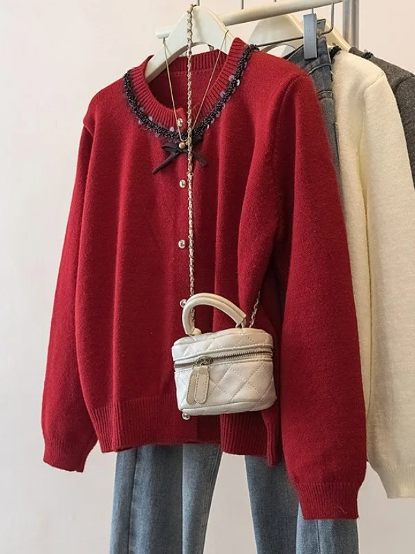 iny Wine Red Sequin Long Sve Knitted Sweater Jaet Women's Spring plus Size Faionable Age-Defng All-Match Open Card...
iny Wine Red Sequin Long Sve Knitted Sweater Jaet Women's Spring plus Size Faionable Age-Defng All-Match Open Card...