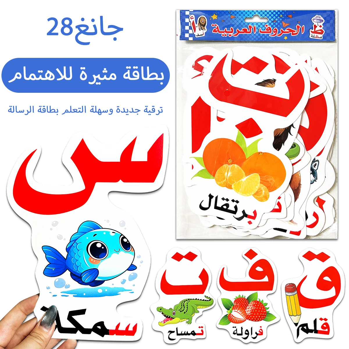 A set of 28 Arabic alphabet flashcards featuring colorful illustrations of animals and fruits, suitable for classroom or home us
A set of 28 Arabic alphabet flashcards featuring colorful illustrations of animals and fruits, suitable for classroom or home us