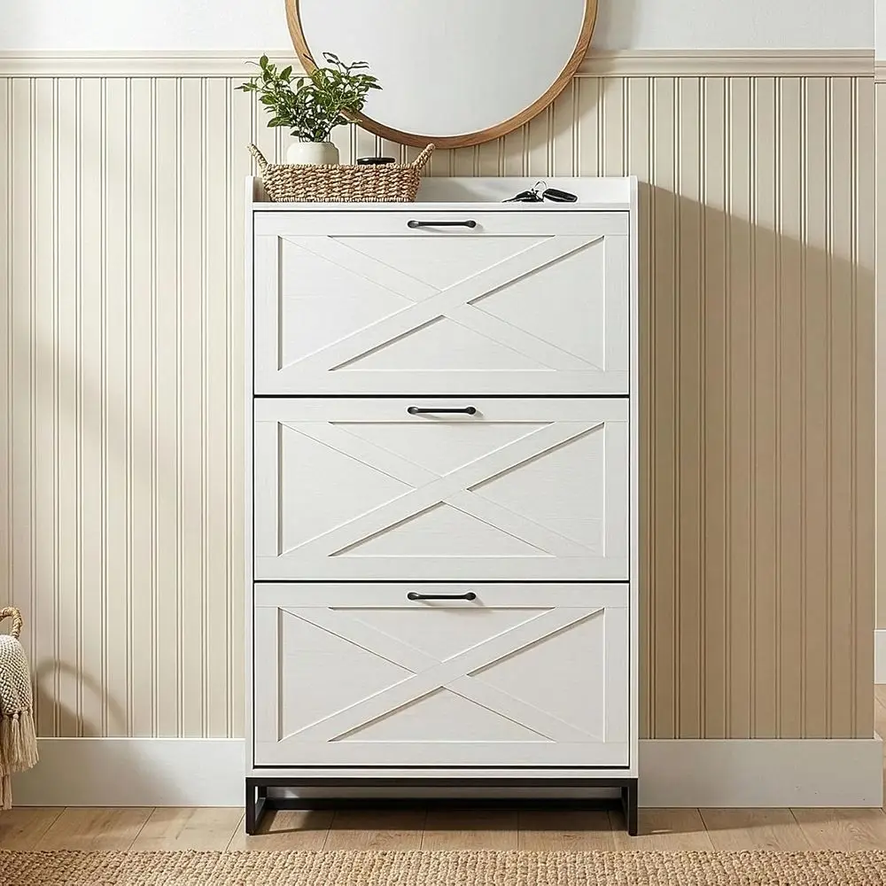 Elegant Tall Shoe Cabinet with 3 Drawers, Metal Legs, and Storage for 24 Pairs, White (55 H)
Elegant Tall Shoe Cabinet with 3 Drawers, Metal Legs, and Storage for 24 Pairs, White (55 H)