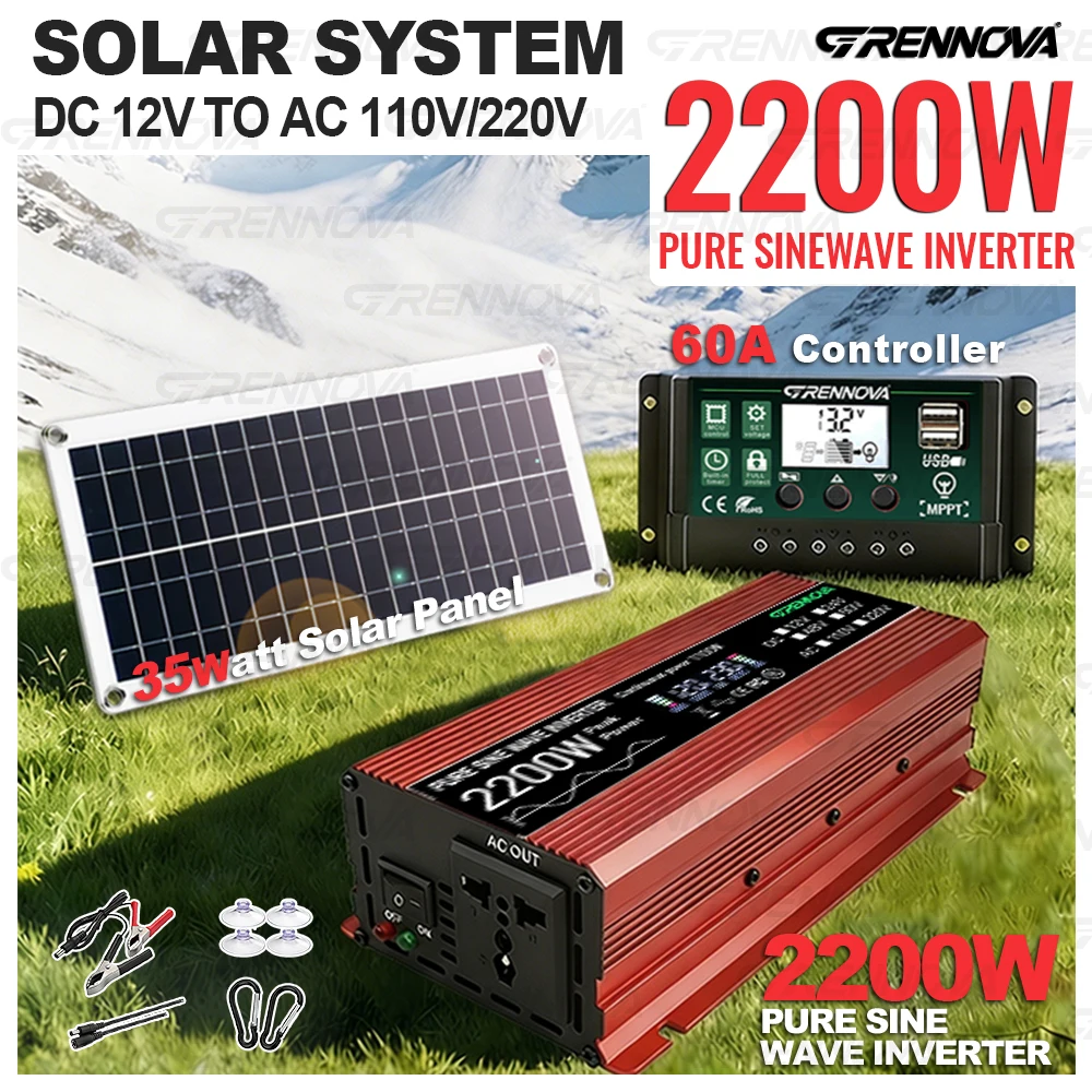 Pure Sine Wave Photovoltaic Kit | 2200W Peak (1100W Continuous) Inverter + 35W Panel + 60A Controller 12V To 110V/220V for Home
Pure Sine Wave Photovoltaic Kit | 2200W Peak (1100W Continuous) Inverter + 35W Panel + 60A Controller 12V To 110V/220V for Home